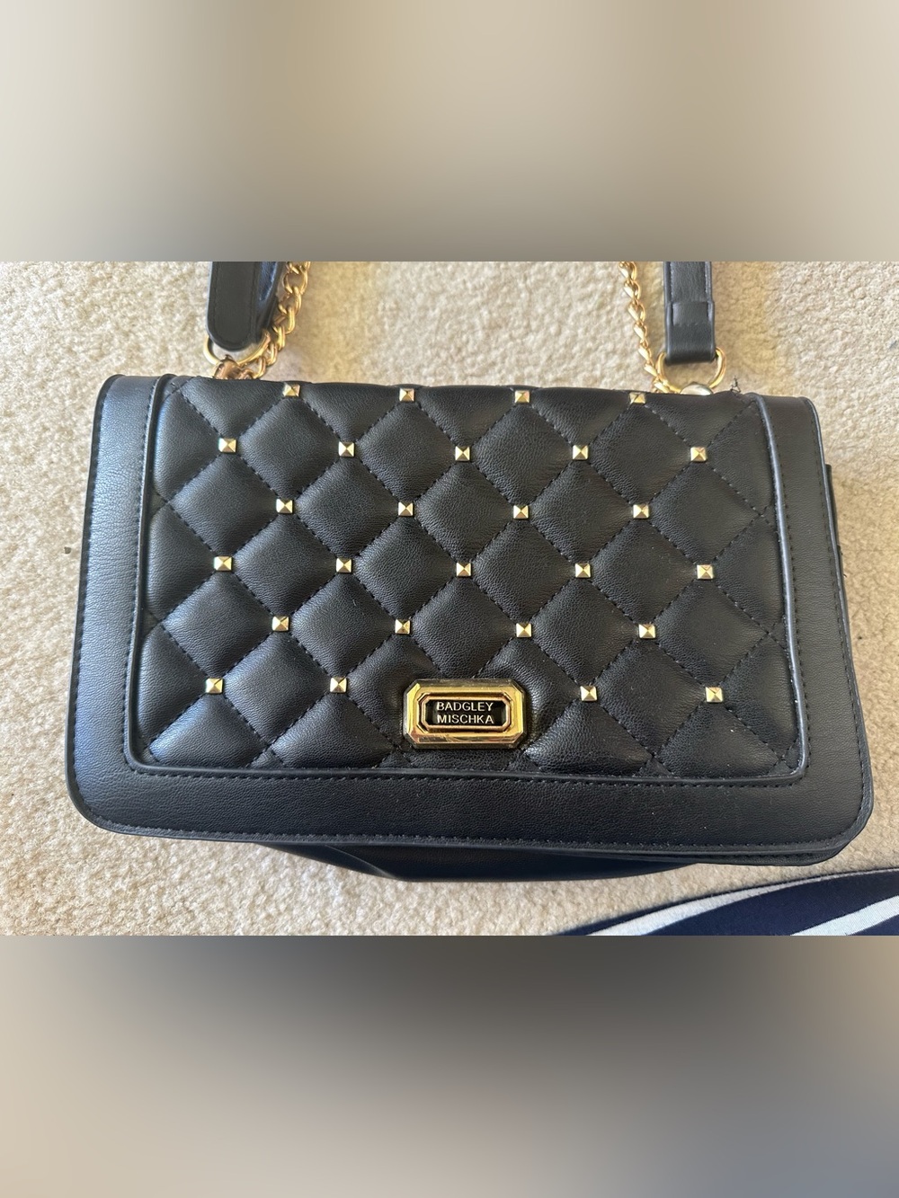 Badgley Mischka Black Quilted Crossbody with Gold Studs